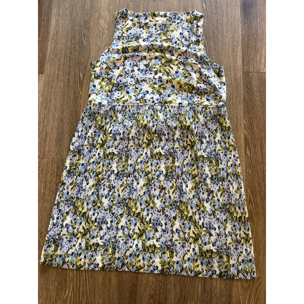 J Jill Dress Women Size Large Blue Floral Pleated Sheath Sleeveless Lined Casual
